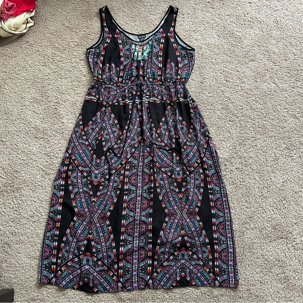 City Chic Geometric Black Blue Biba Drawstrring Maxi Dress Size L/20 - Picture 5 of 11